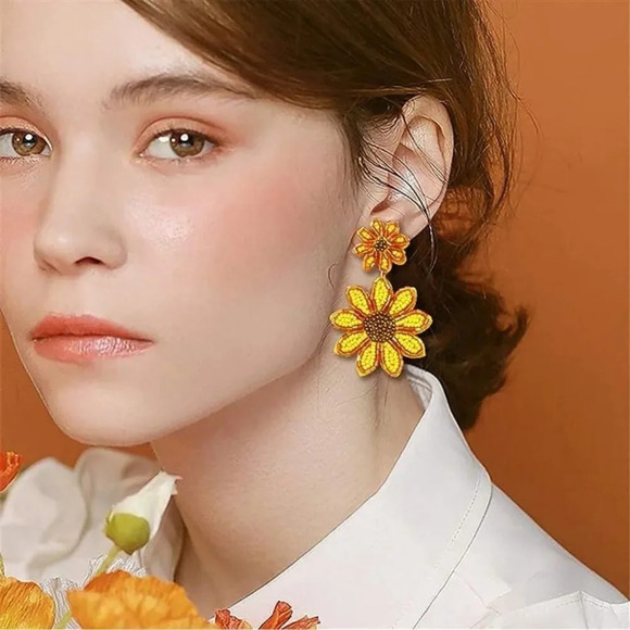 Zara SunFlower Beaded Drop Earrings - Picture 1 of 8